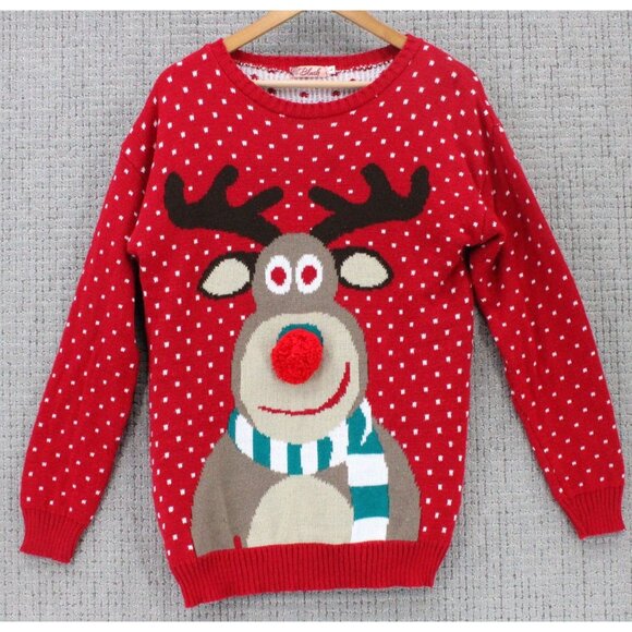 Vintage Blush Christmas Sweater Mens Large L Red Pullover Knit Red Nose Reindeer - Picture 1 of 9